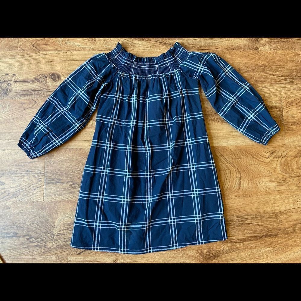 Abercrombie & Fitch navy off the shoulder long sleeve plaid dress